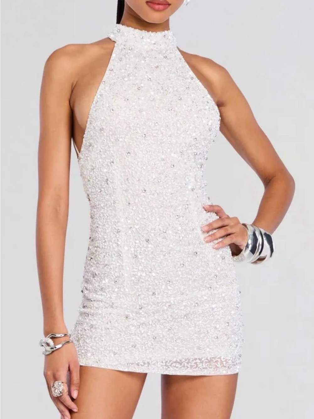 Retrofete Crystal-Embellished Halter Mini Dress in White